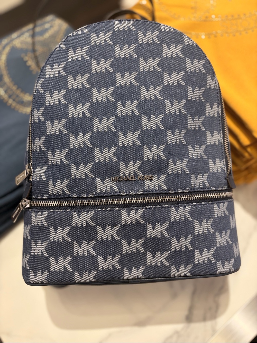 Michael Kors Denim Blue MK Monogram Rhea Backpack Medium denim new